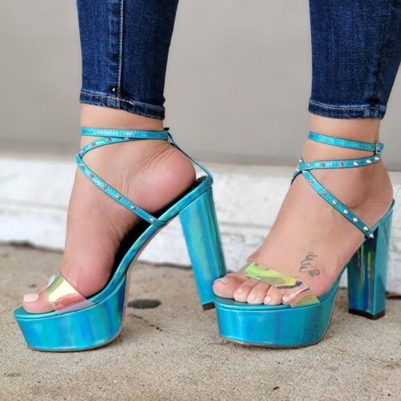 Women's Studded Platform Ankle  Strap High Heel Sandal Blue Matalic Color - Picture 1 of 5